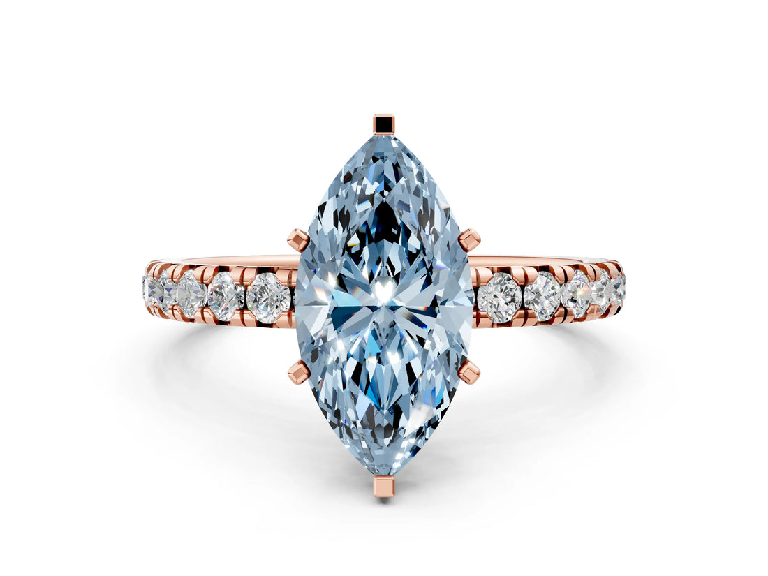 Rose gold Fancy Blue Marquise Cut Diamond Pavé Solitaire Ring with Round Band and Prong Setting_12