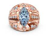 Rose gold Fancy Blue Marquise Cut Diamond Pave Art Deco Split Shank Ring with Four-Prong Setting