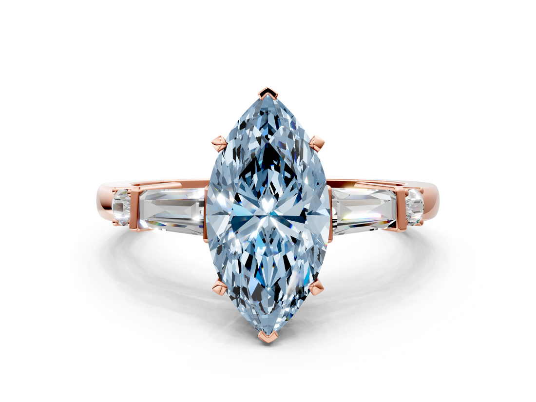 Rose gold Fancy Blue Marquise  Cut Diamond Ring with Baguette Side Stones, Channel Set Band, and Four-Prong Setting_20