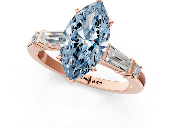 Rose gold Fancy Blue Marquise  Cut Diamond Ring with Baguette Side Stones, Channel Set Band, and Four-Prong Setting