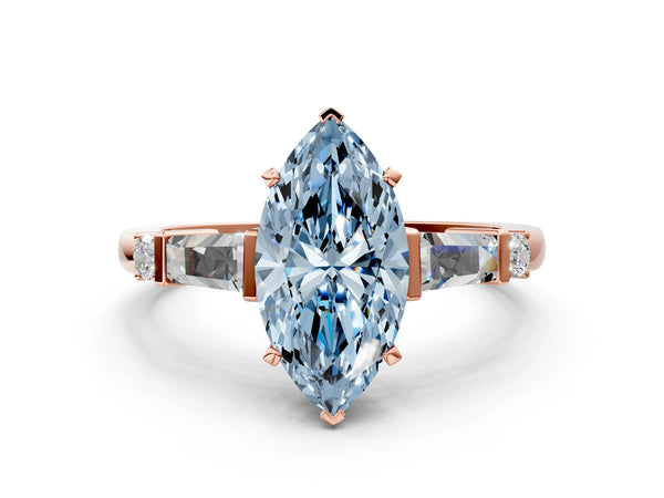 Rose gold Fancy Blue Marquise  Cut Diamond Ring with Baguette Side Stones, Channel Set Band, and Four-Prong Setting