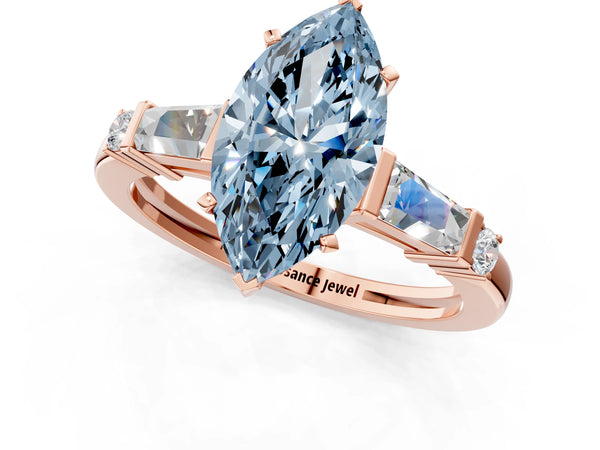 Rose gold Fancy Blue Marquise  Cut Diamond Ring with Baguette Side Stones, Channel Set Band, and Four-Prong Setting