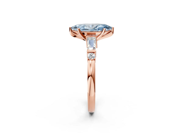 Rose gold Fancy Blue Marquise  Cut Diamond Ring with Baguette Side Stones, Channel Set Band, and Four-Prong Setting