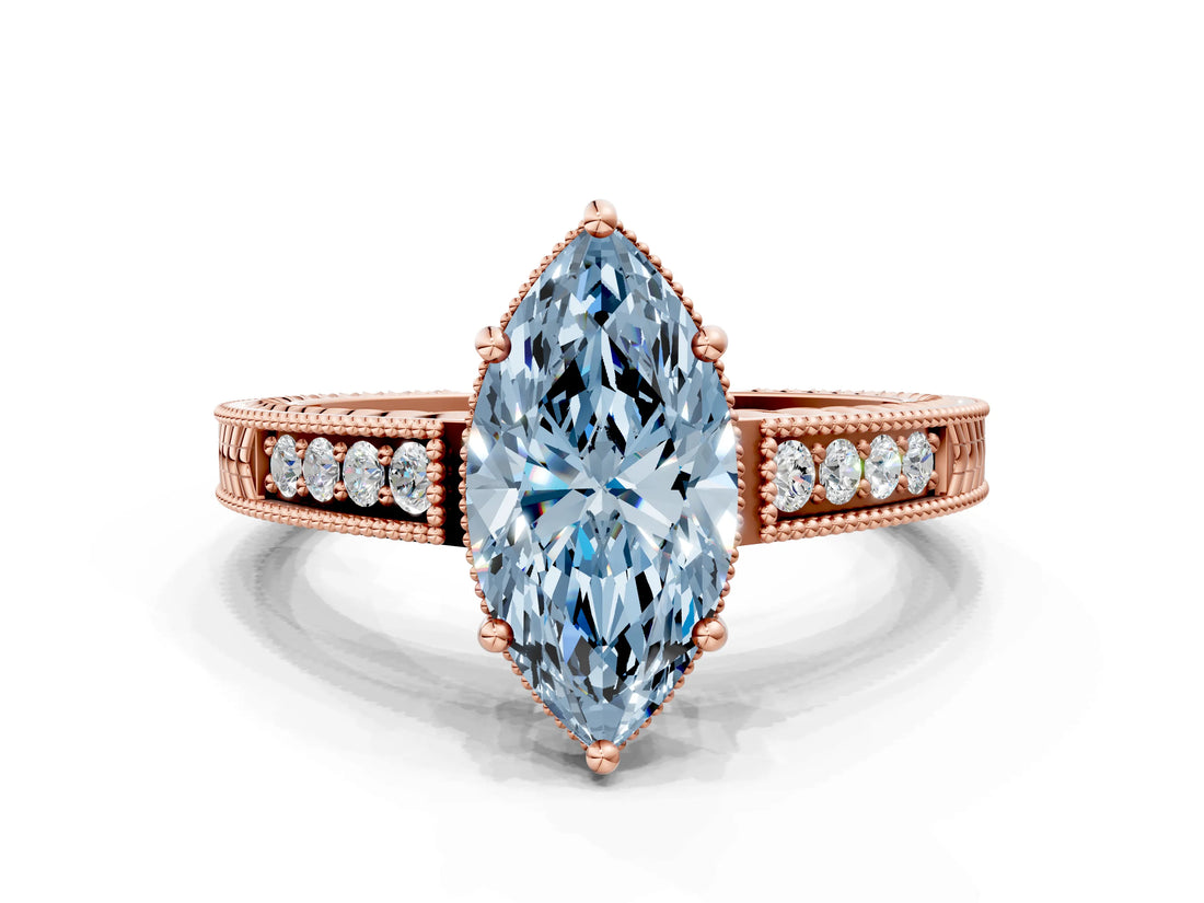 Rose gold Fancy Blue Marquise Cut Diamond Ring with Milgrain Pavé Band and Four-Prong Setting_25