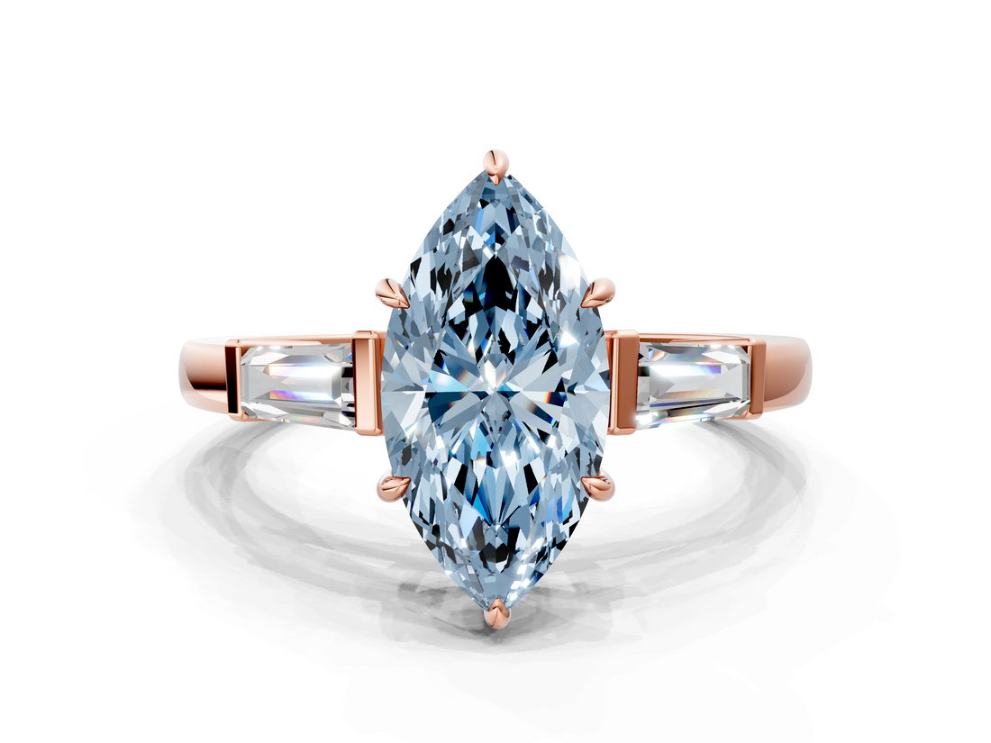 Rose gold Fancy Blue Marquise  Cut Diamond Ring with Tapered Baguette Side Stones in Four-Prong Setting_3