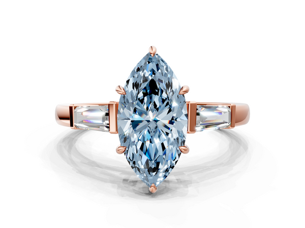 Rose gold Fancy Blue Marquise  Cut Diamond Ring with Tapered Baguette Side Stones in Four-Prong Setting
