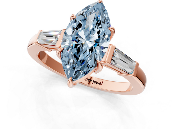Rose gold Fancy Blue Marquise  Cut Diamond Ring with Tapered Baguette Side Stones in Four-Prong Setting