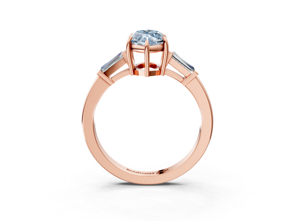 Rose gold Fancy Blue Marquise  Cut Diamond Ring with Tapered Baguette Side Stones in Four-Prong Setting