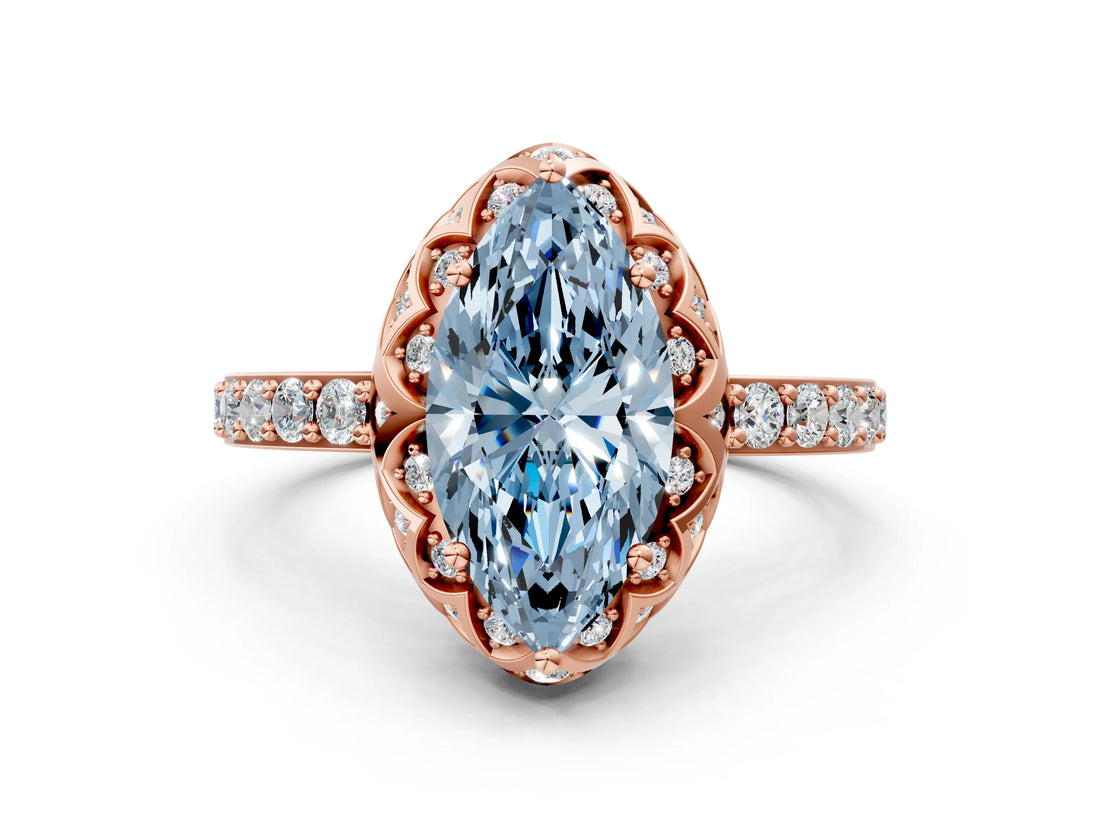 Rose gold Fancy Blue Marquise Cut Diamond Scalloped Halo Engagement Ring with Round Shared Prong Band_24