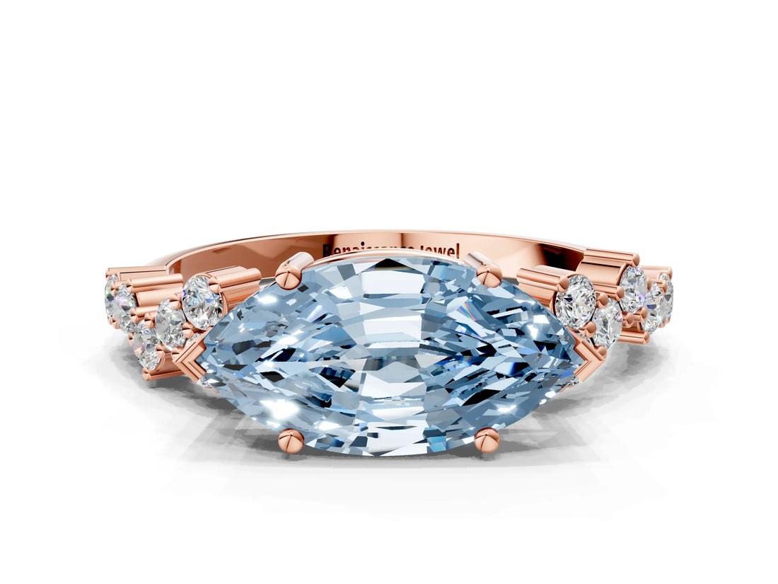 Rose gold Fancy Blue Marquise Cut Diamond Scattered Round Accent Ring with Prong Setting_12