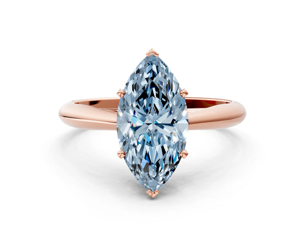 Rose gold Fancy Blue Marquise Cut Diamond Solitaire Engagement Ring with Cathedral Setting and Four-Prong Mount