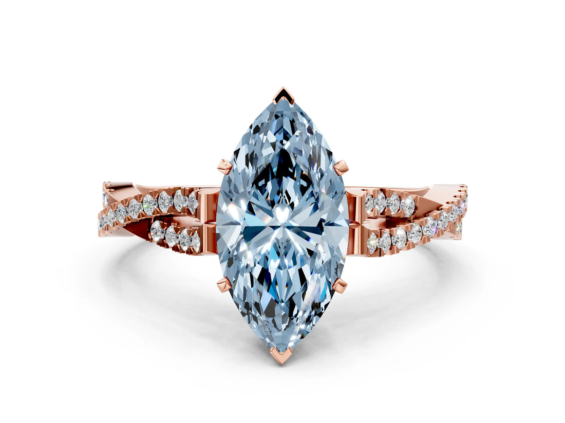 Rose gold Fancy Blue Marquise Cut Diamond Solitaire Engagement Ring with Twisted Pavé Band and Four-Prong Setting_44