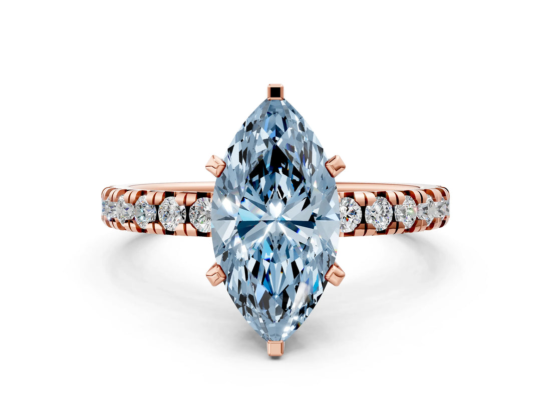 Rose gold Fancy Blue Marquise Cut Diamond Solitaire Pavé Engagement Ring with Round Band and Prong Setting_74
