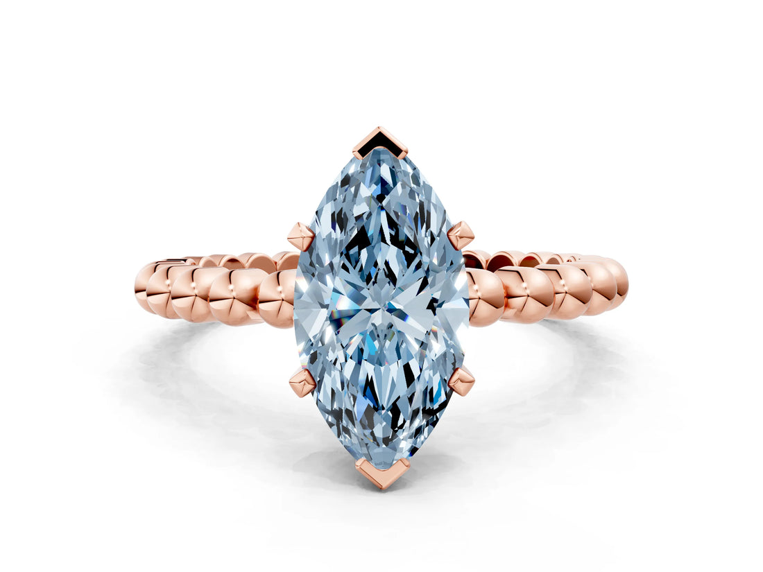 Rose gold Fancy Blue Marquise Cut Diamond Solitaire Ring with Beaded Band and Prong Setting_291