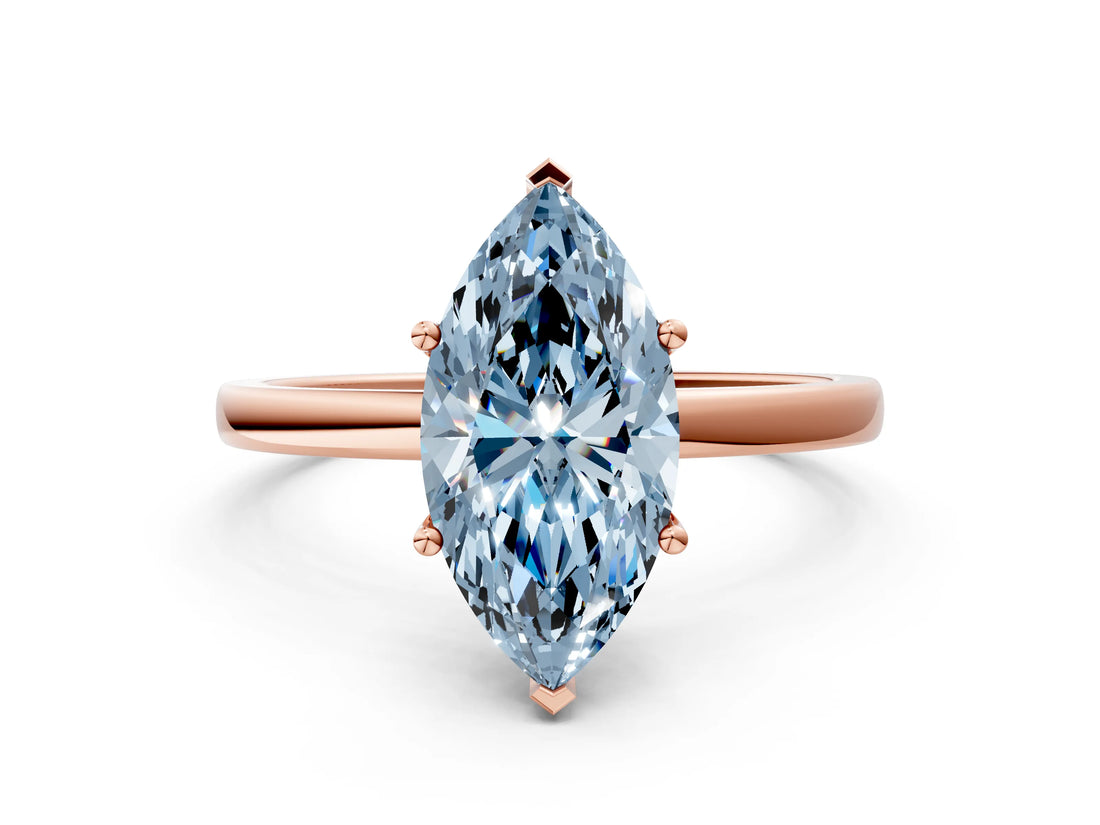 Rose gold Fancy Blue Marquise Cut Diamond Solitaire Ring with Classic Band and Four-Prong Setting