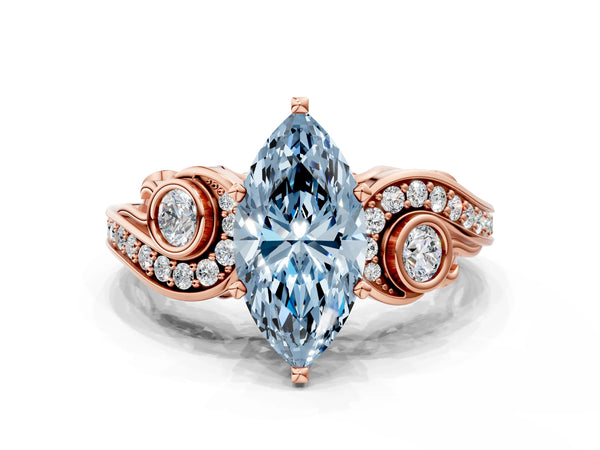 Rose gold Fancy Blue Marquise Cut Diamond Solitaire Ring with Milgrain Pavé Band and Four-Prong Setting