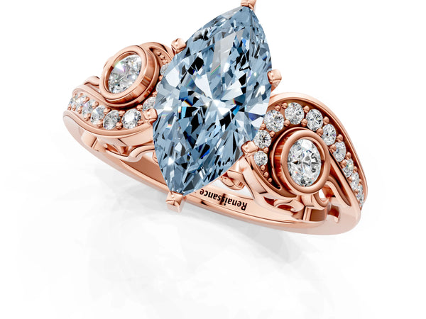 Rose gold Fancy Blue Marquise Cut Diamond Solitaire Ring with Milgrain Pavé Band and Four-Prong Setting