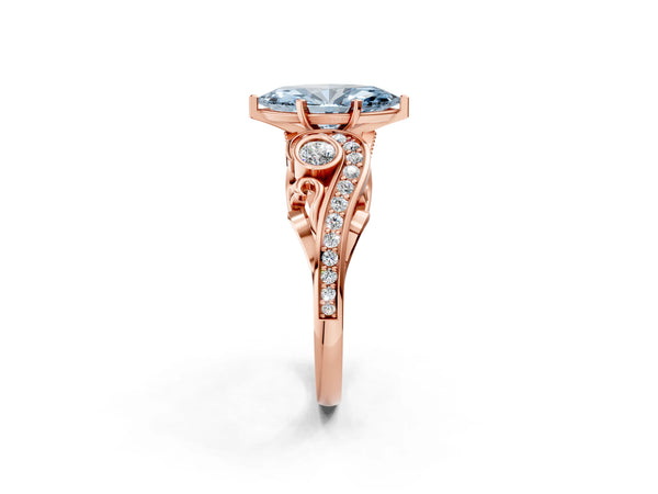 Rose gold Fancy Blue Marquise Cut Diamond Solitaire Ring with Milgrain Pavé Band and Four-Prong Setting