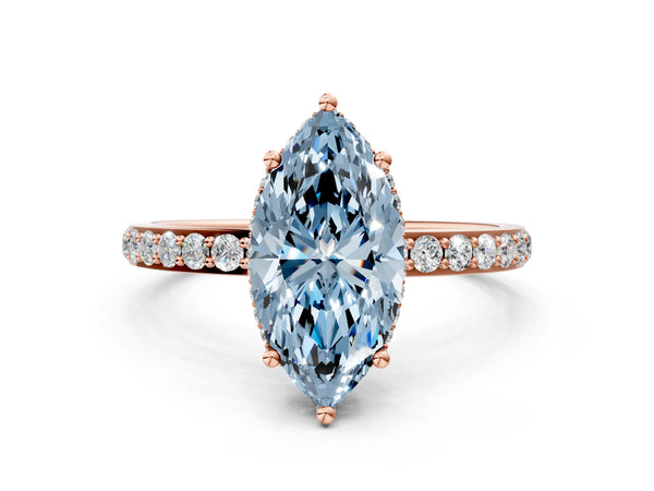 Rose gold Fancy Blue Marquise Cut Diamond Solitaire Ring with Pavé Band and Hidden Halo