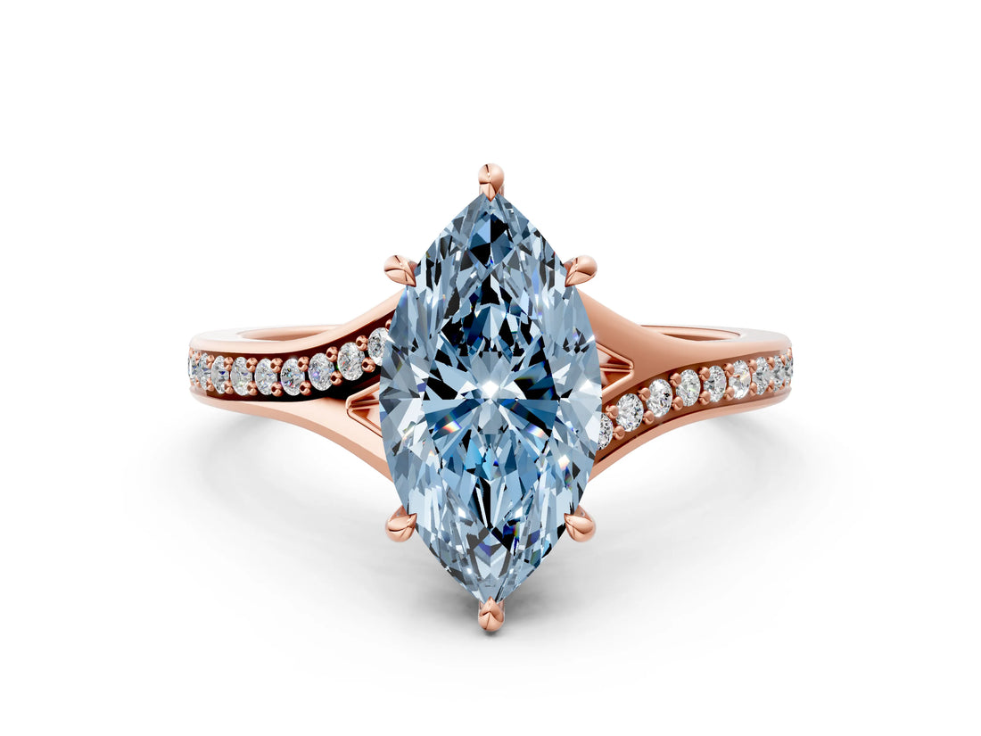 Rose gold Fancy Blue Marquise Cut Diamond Solitaire Ring with Pavé Band and Prong Setting_12