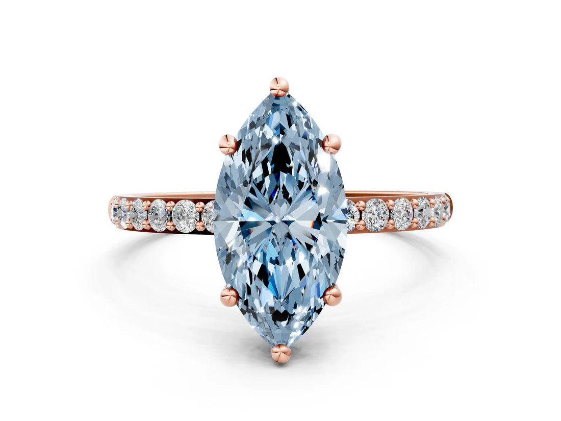 Rose gold Fancy Blue Marquise Cut Diamond Solitaire Ring with Pave Band and Four Prong Setting_92