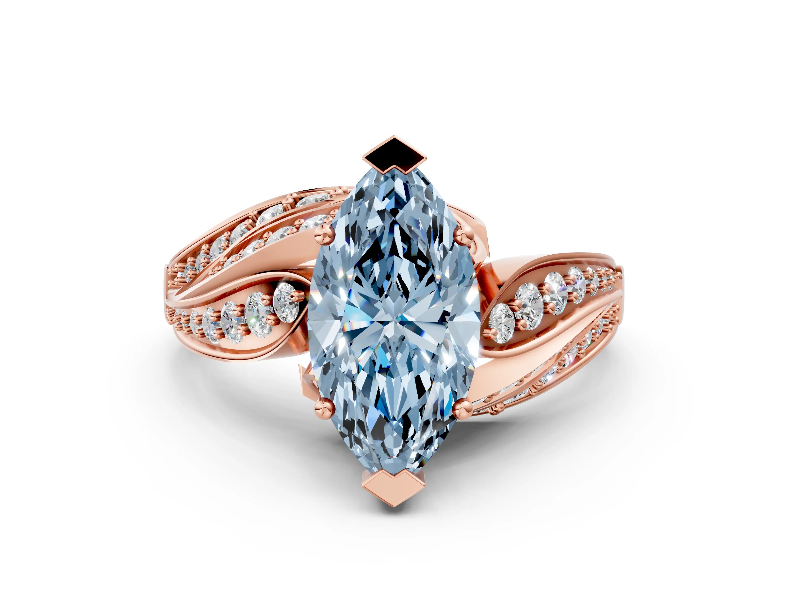 Rose gold Fancy Blue Marquise Cut Diamond Solitaire Ring with Prong Setting and Twisted Pavé Band