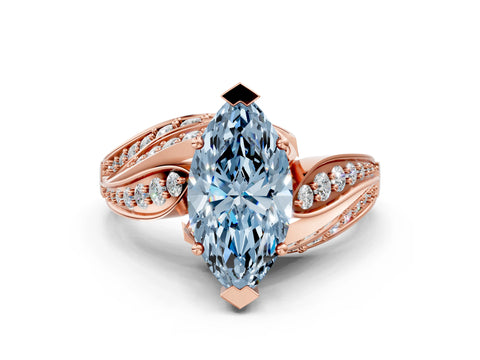 Rose gold Fancy Blue Marquise Cut Diamond Solitaire Ring with Prong Setting and Twisted Pavé Band_12