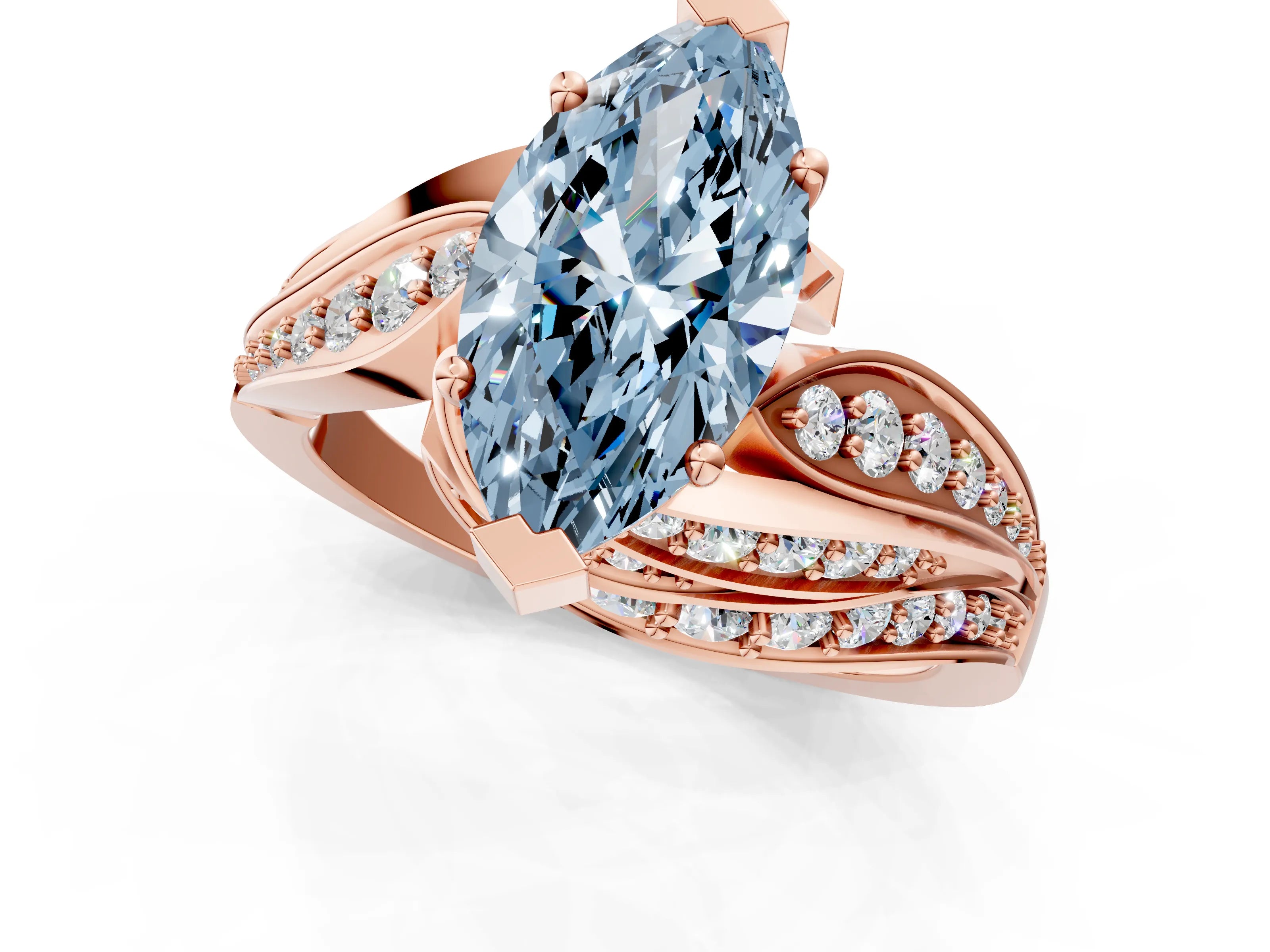 Rose gold Fancy Blue Marquise Cut Diamond Solitaire Ring with Prong Setting and Twisted Pavé Band_13