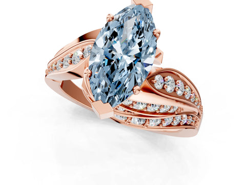 Rose gold Fancy Blue Marquise Cut Diamond Solitaire Ring with Prong Setting and Twisted Pavé Band_1