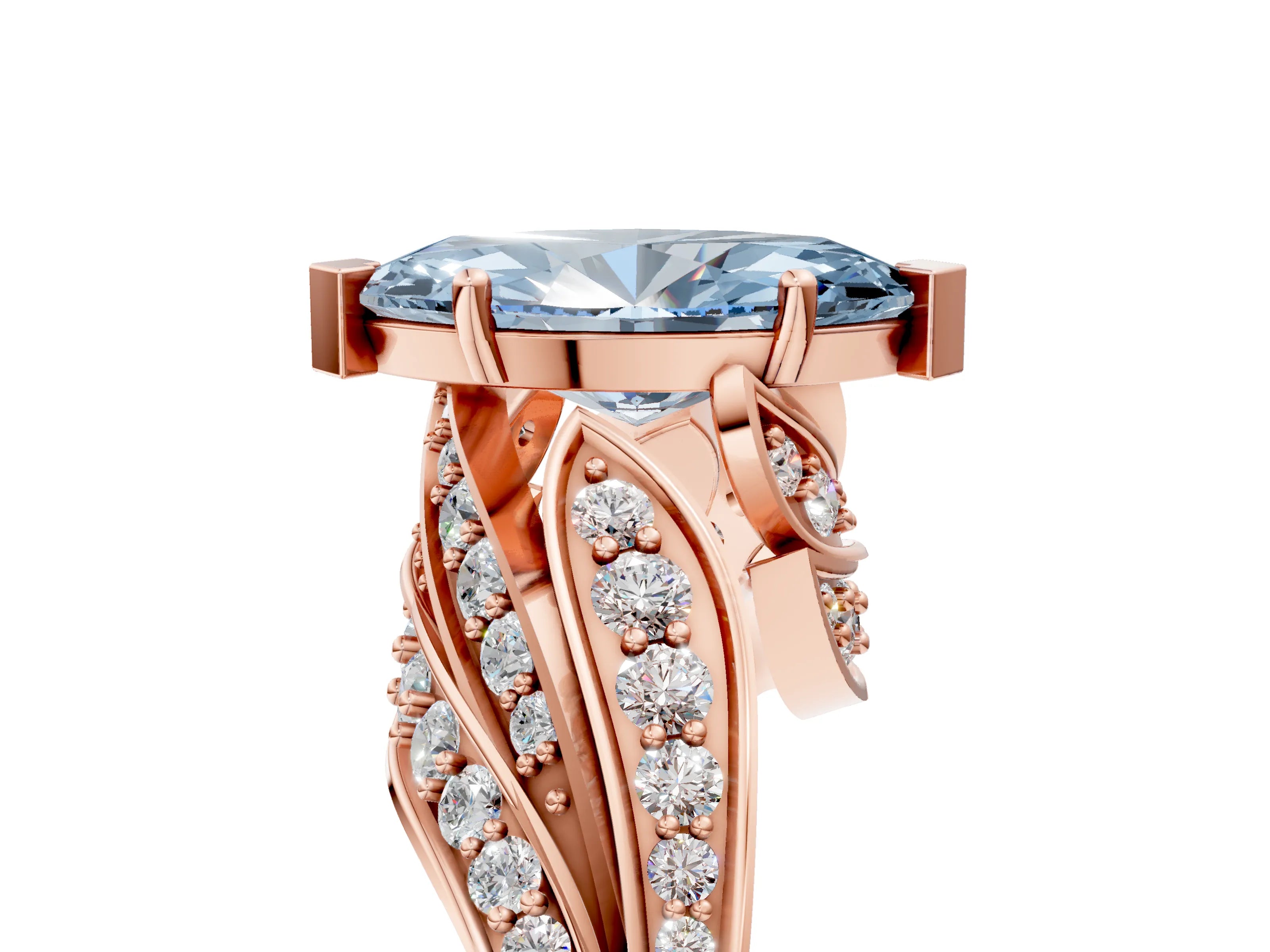 Rose gold Fancy Blue Marquise Cut Diamond Solitaire Ring with Prong Setting and Twisted Pavé Band_5