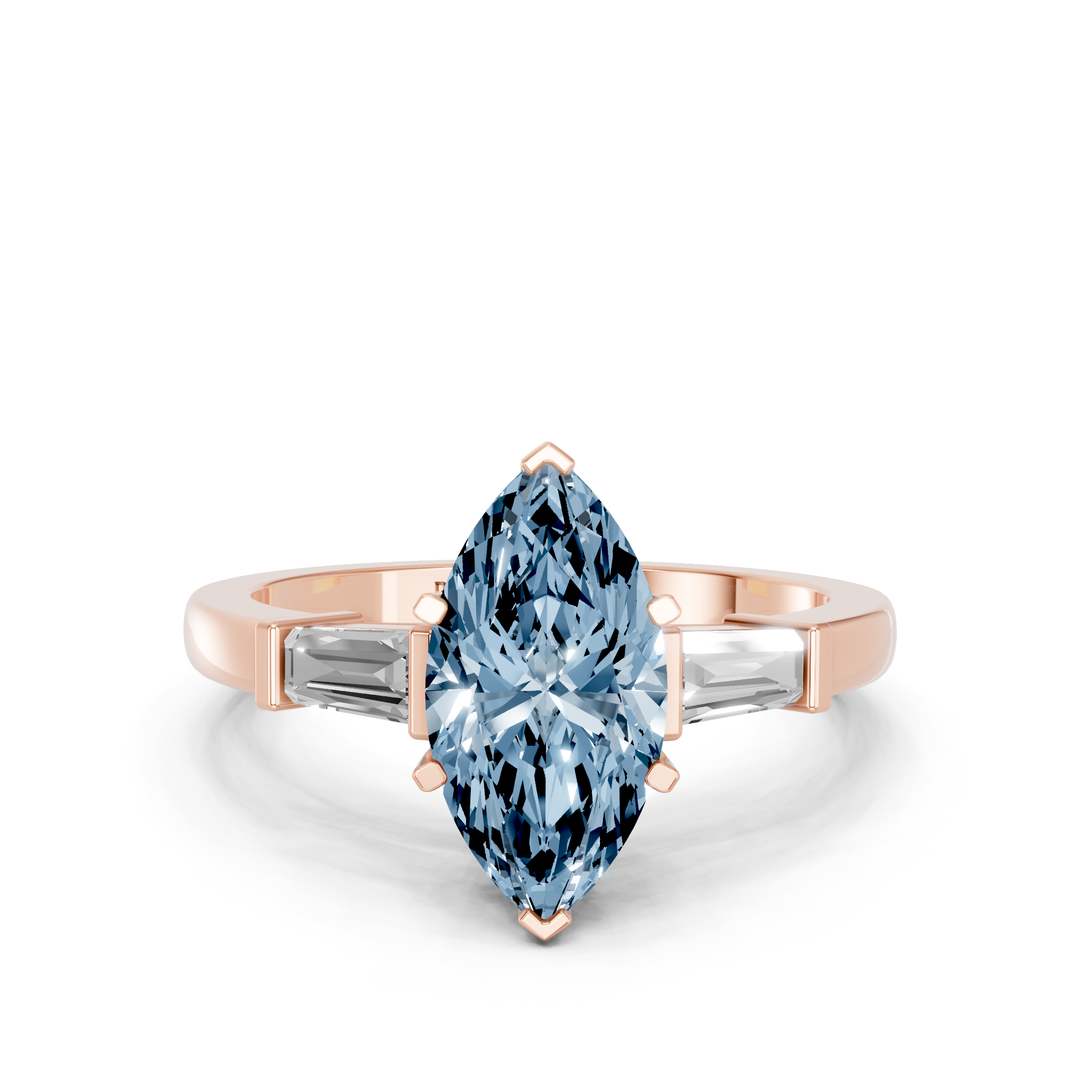 Rose gold Fancy Blue Marquise  Cut Diamond Solitaire Ring with Tapered Baguette Accents and Four-Prong Setting_3