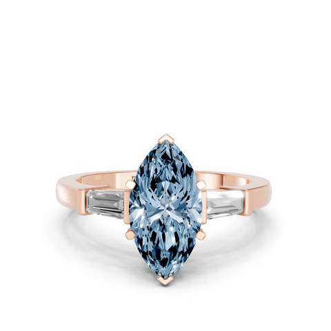 Rose gold Fancy Blue Marquise  Cut Diamond Solitaire Ring with Tapered Baguette Accents and Four-Prong Setting_3