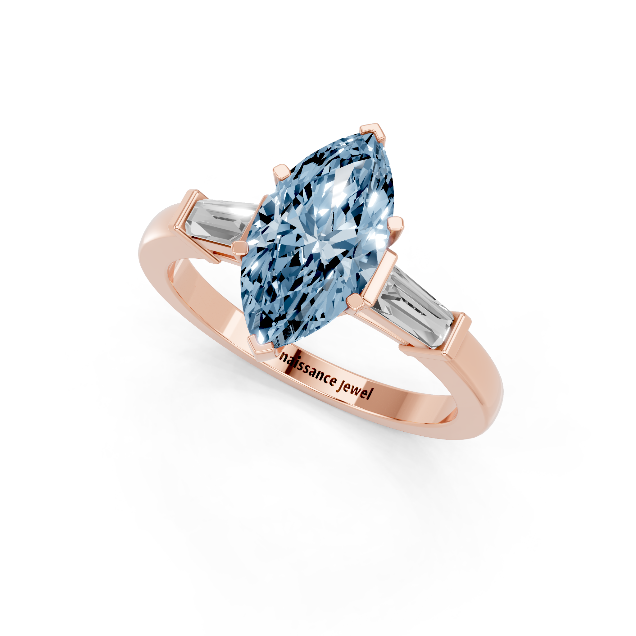 Rose gold Fancy Blue Marquise  Cut Diamond Solitaire Ring with Tapered Baguette Accents and Four-Prong Setting_5