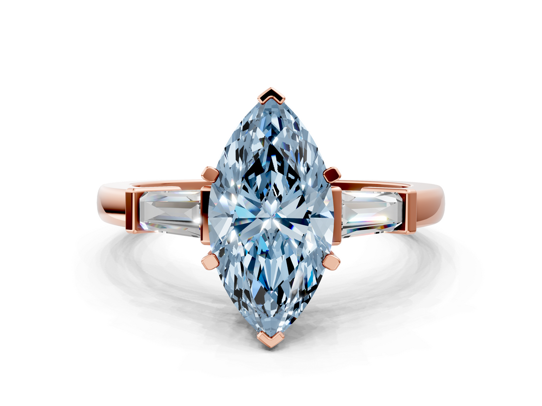 Rose gold Fancy Blue Marquise  Cut Diamond Solitaire Ring with Tapered Baguette Accents and Four-Prong Setting_80
