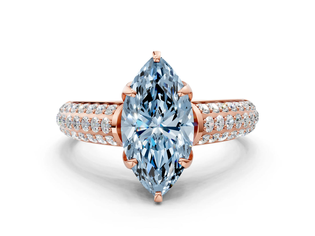 Rose gold Fancy Blue Marquise Cut Diamond Solitaire Ring with Three-Row Pavé Band and Four-Prong Setting_36