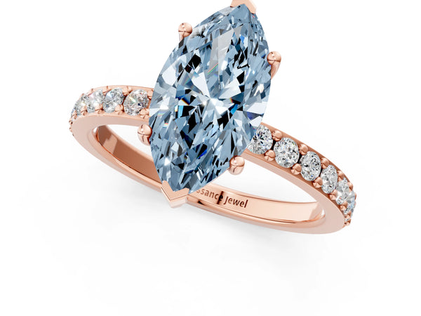 Rose gold Fancy Blue Marquise  Cut Diamond Solitaire with Pave Band and Four-Prong Setting
