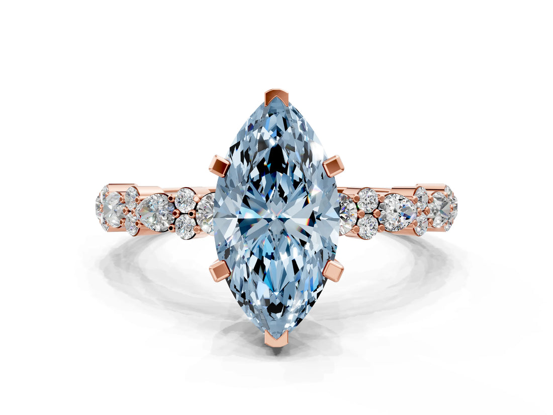 Rose gold Fancy Blue Marquise Cut Diamond Solitaire with Side Stones, Pave Band, Four-Prong Setting_106