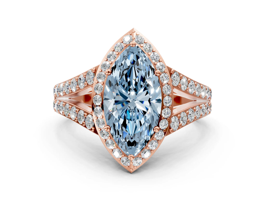 Rose gold Fancy Blue Marquise Cut Diamond Split Shank Halo Ring with Four-Prong Setting_45