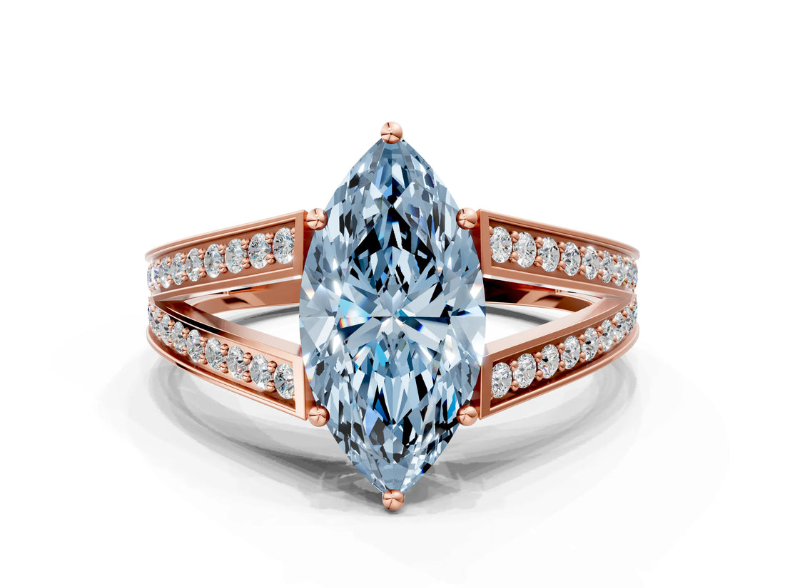 Rose gold Fancy Blue Marquise Cut Diamond Split Shank Ring with Pavé Band and Four-Prong Setting_44