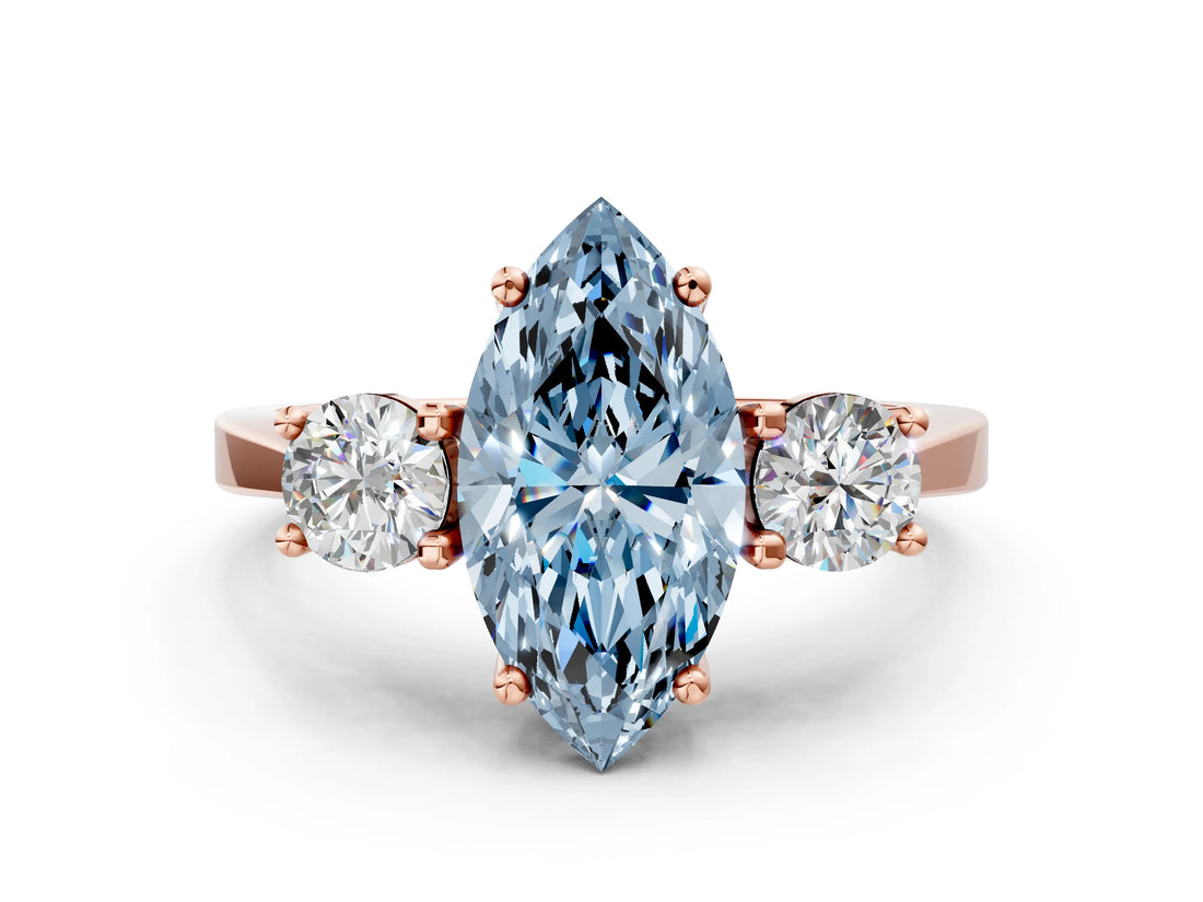 Rose gold Fancy Blue Marquise Cut Diamond Three-Stone Engagement Ring with Prong Setting and Pavé Band