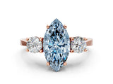 Rose gold Fancy Blue Marquise Cut Diamond Three-Stone Engagement Ring with Prong Setting and Pavé Band