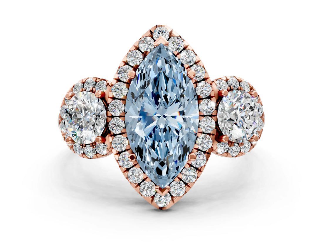 Rose gold Fancy Blue Marquise Cut Diamond Three-Stone Halo Ring with Prong Setting and Pavé Accents