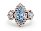 Rose gold Fancy Blue Marquise Cut Diamond Three-Stone Halo Ring with Prong Setting and Pavé Accents