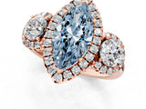 Rose gold Fancy Blue Marquise Cut Diamond Three-Stone Halo Ring with Prong Setting and Pavé Accents_1
