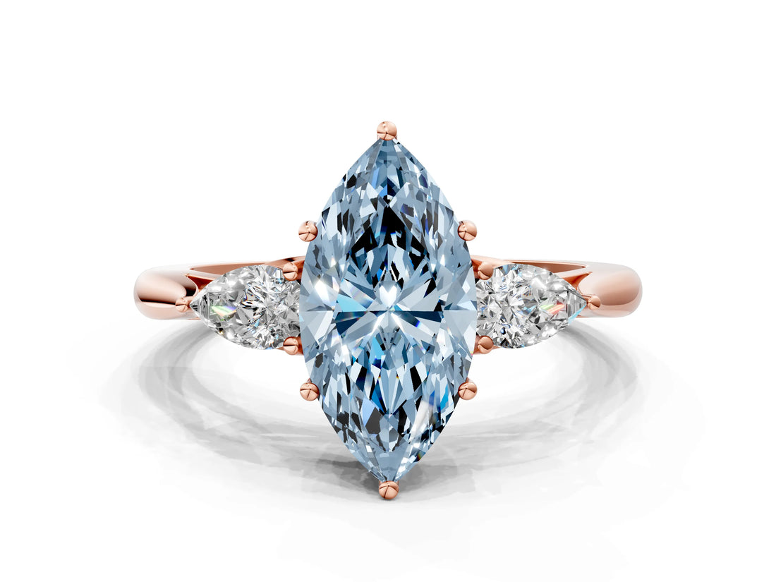 Rose gold Fancy Blue Marquise Cut Diamond Three-Stone Ring with Pear Side Stones and Four-Prong Setting_60
