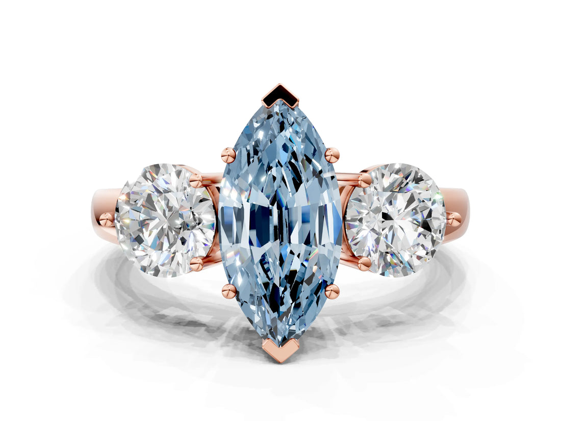 Rose gold Fancy Blue Marquise Cut Diamond Three-Stone Ring with Prong Setting and Classic Band_127