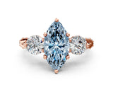 Rose gold Fancy Blue Marquise Cut Diamond Three-Stone Ring with Prong Setting and Pavé Band