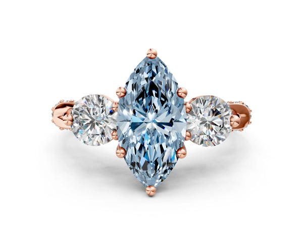 Rose Gold Marquise Curved Pave Three Stone Engagement Ring Setting for Fancy Blue Center