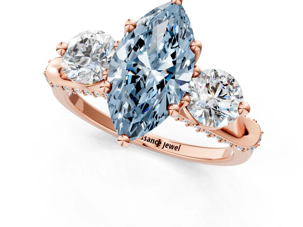 Rose Gold Marquise Curved Pave Three Stone Engagement Ring Setting for Fancy Blue Center