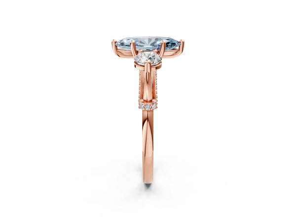 Rose Gold Marquise Curved Pave Three Stone Engagement Ring Setting for Fancy Blue Center